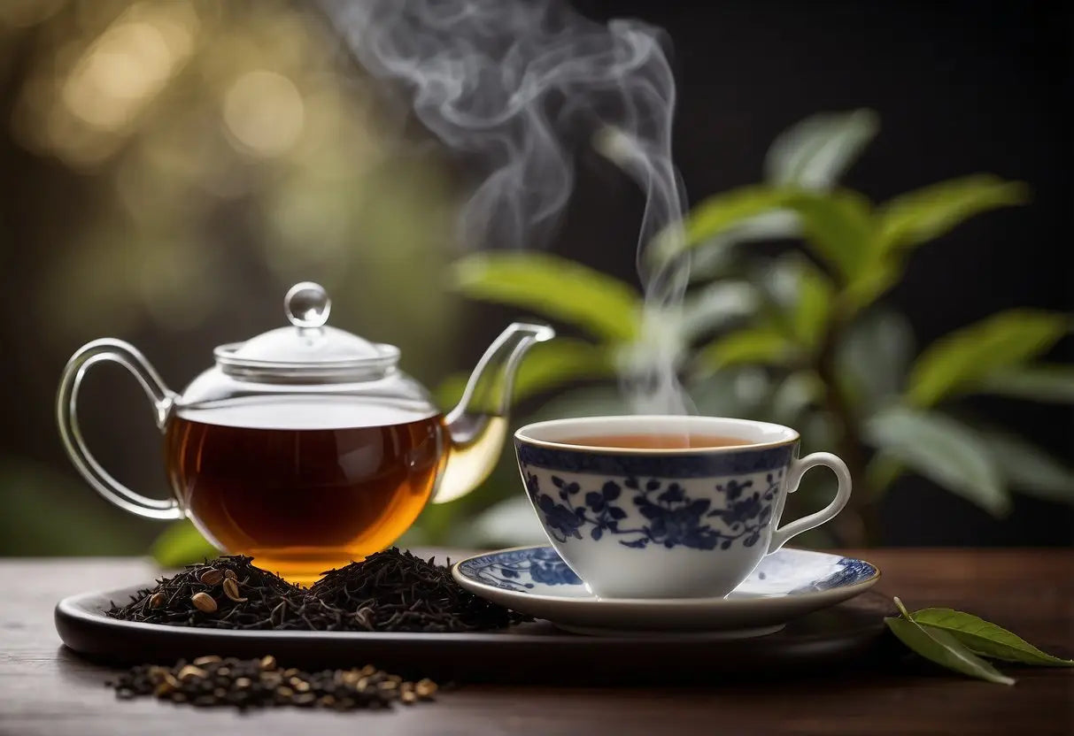 Elegant tea set with steaming tea for Pu Erh vs Black Tea article