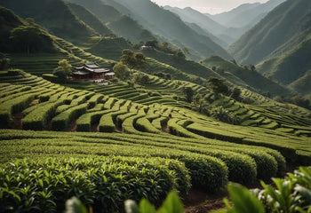 Lush green tea terraces in a scenic landscape during daylight for Pu Erh vs Oolong article