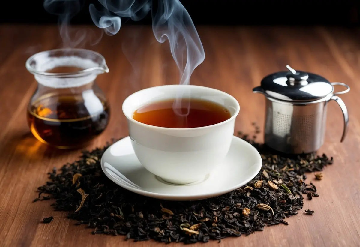 Steaming cup of Pu Erh Tea with accessories for the Raw vs Ripe Pu Erh comparison article