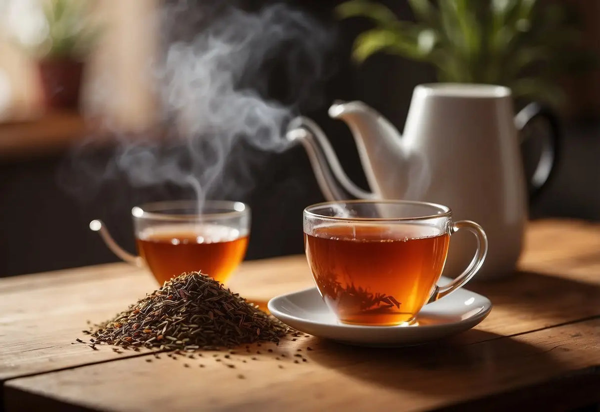Steaming cups of Rooibos tea with loose leaves in an article about Rooibos
