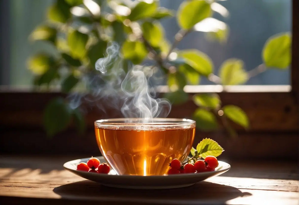 Steaming cup of Rosehip Tea with fresh berries in an article about health benefits
