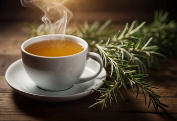 Steaming cup of Rosemary Tea with fresh rosemary sprigs on a rustic wooden table