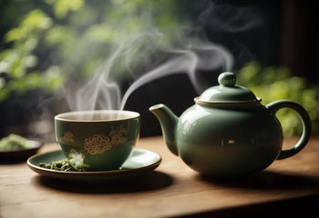Steaming green tea set showcased in an article about Sencha Tea