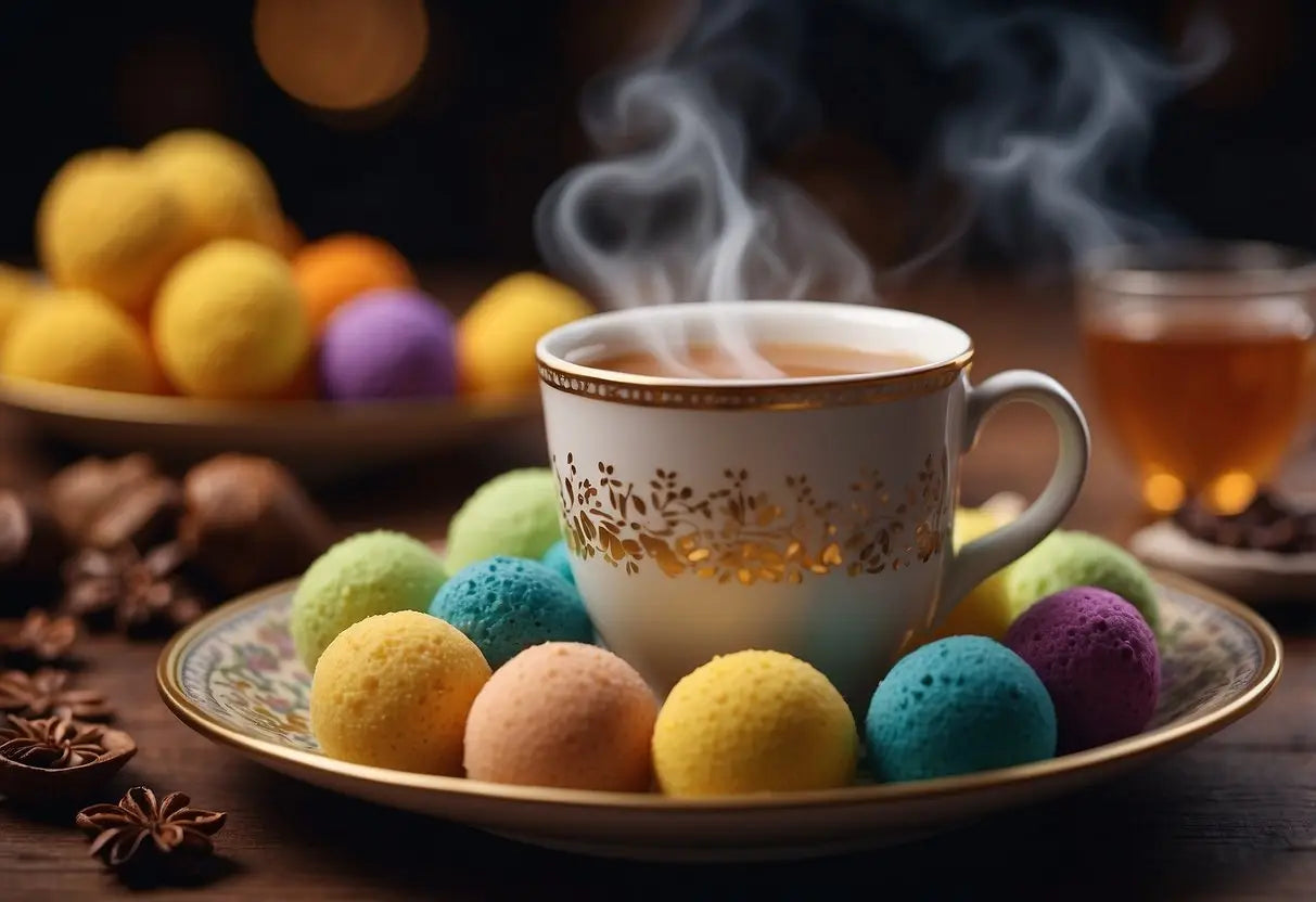 Steaming teacup surrounded by colorful sweets for Tea Bombs article