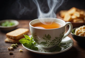 Steaming cup of tea promoting relief from bloating in an article about Tea for Bloating