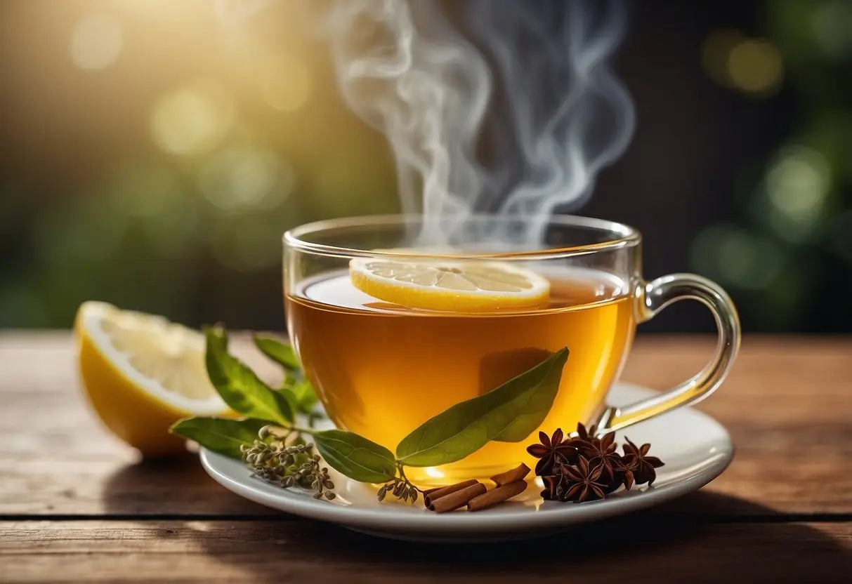 Steaming cup of lemon tea in a cozy setting for sore throat relief