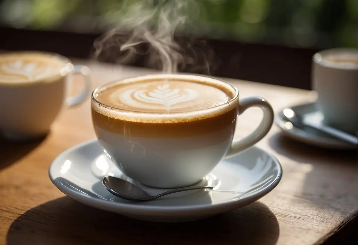 Steaming latte with intricate latte art in a cozy coffee shop setting