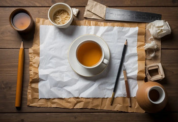 Tea-filled cup resting on crumpled paper for Tea Stained Paper article