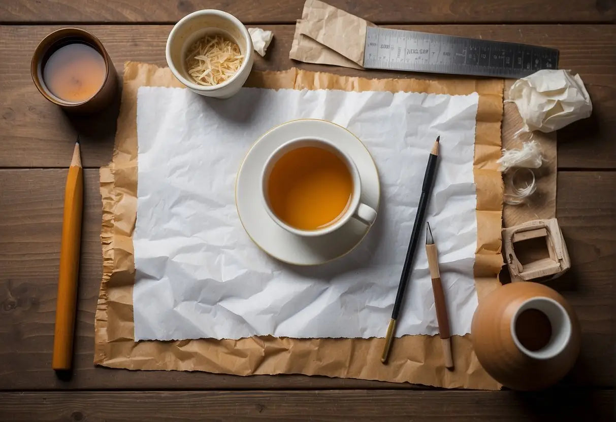 Tea-filled cup resting on crumpled paper for Tea Stained Paper article