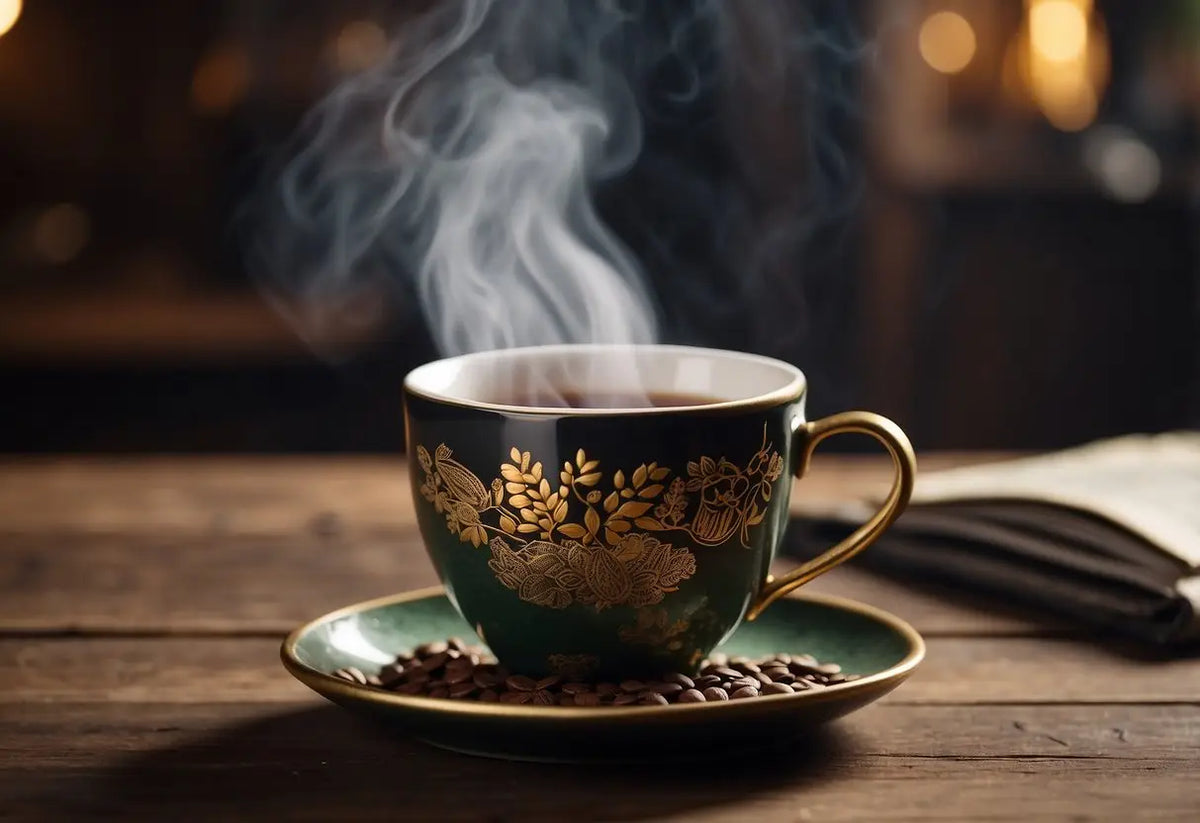 Steaming coffee in an ornate cup featured in the article Tea That Tastes Like Coffee