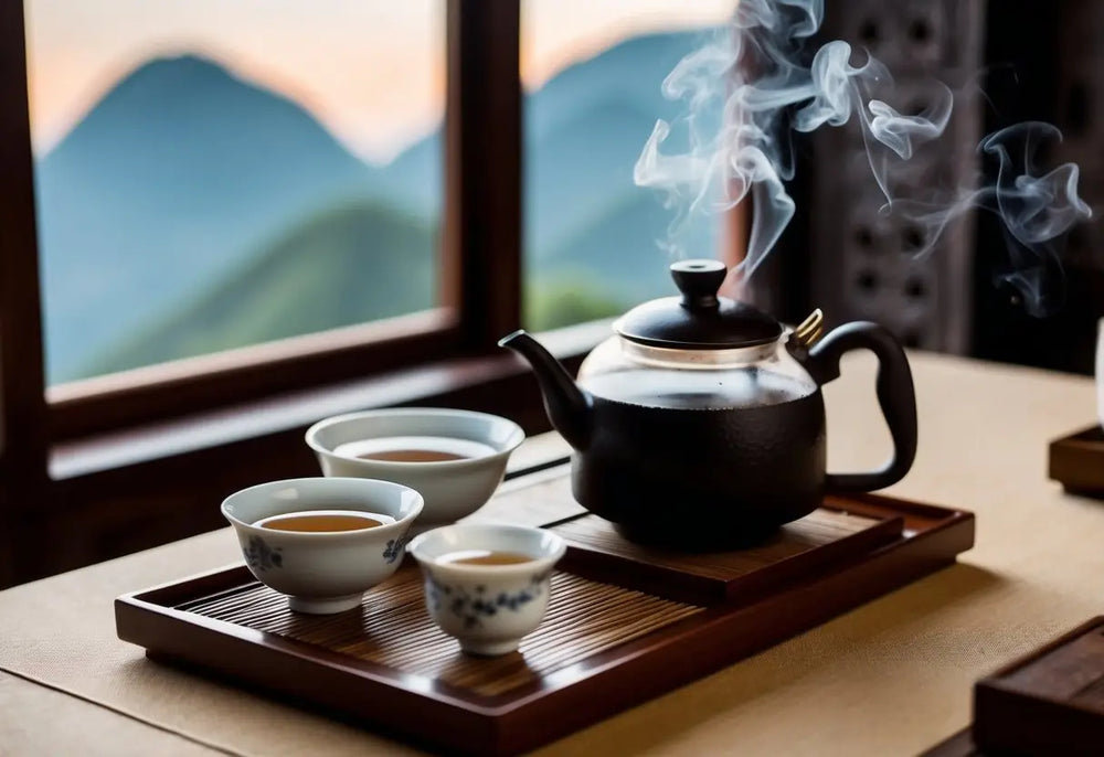 Steaming teapot and teacups showcasing Pu Erh tea ritual in Yunnan Province