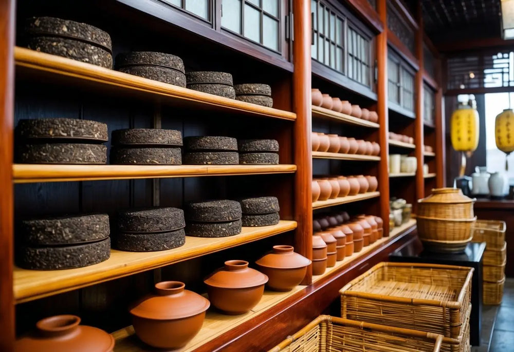 Shelved Pu Erh tea cakes and pottery in a traditional Chinese tea shop setting