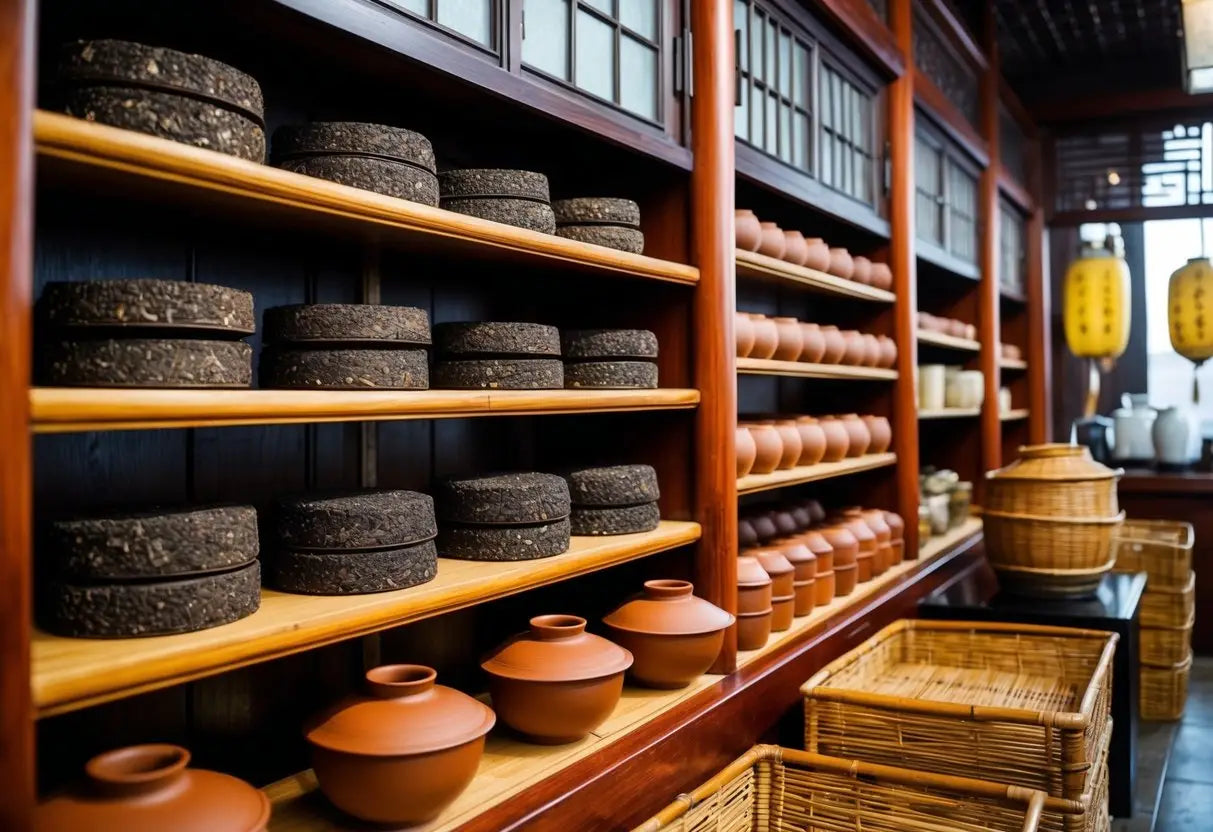 Shelved Pu Erh tea cakes and pottery in a traditional Chinese tea shop setting
