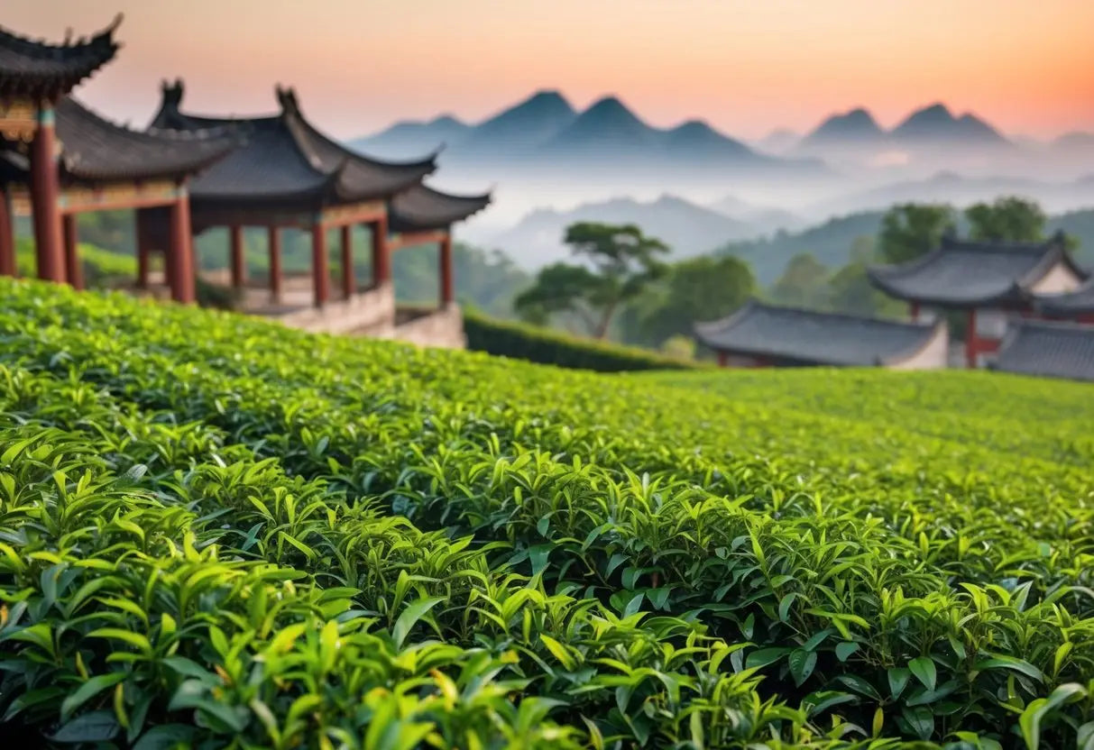 Lush green Tea Plantation in Ancient China for Pu Erh Tea History Article