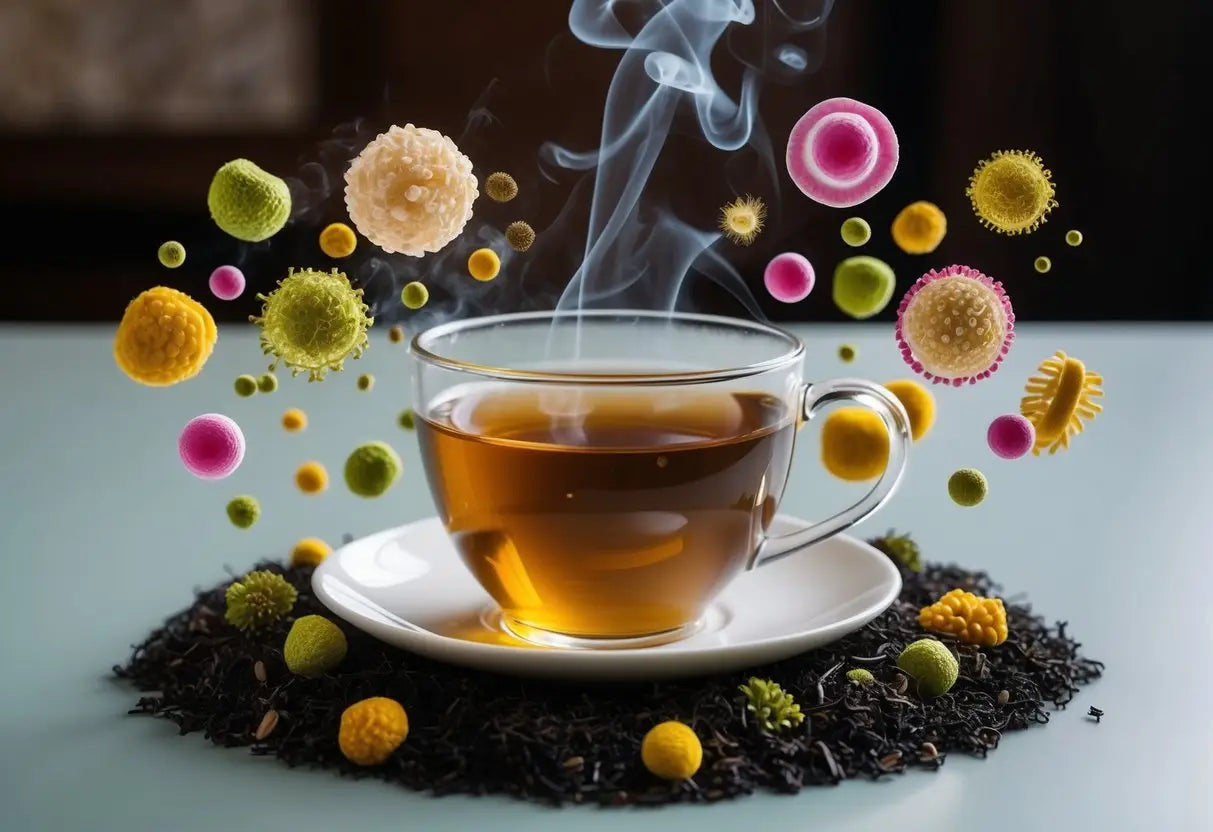 Steaming cup of Pu Erh tea with floating microbes illustrating gut health benefits