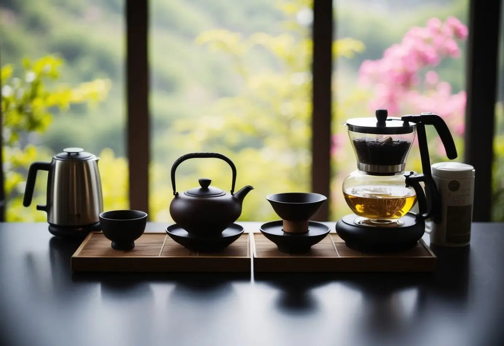 Tea brewing setup with traditional and modern tools for Pu Erh tea preparation
