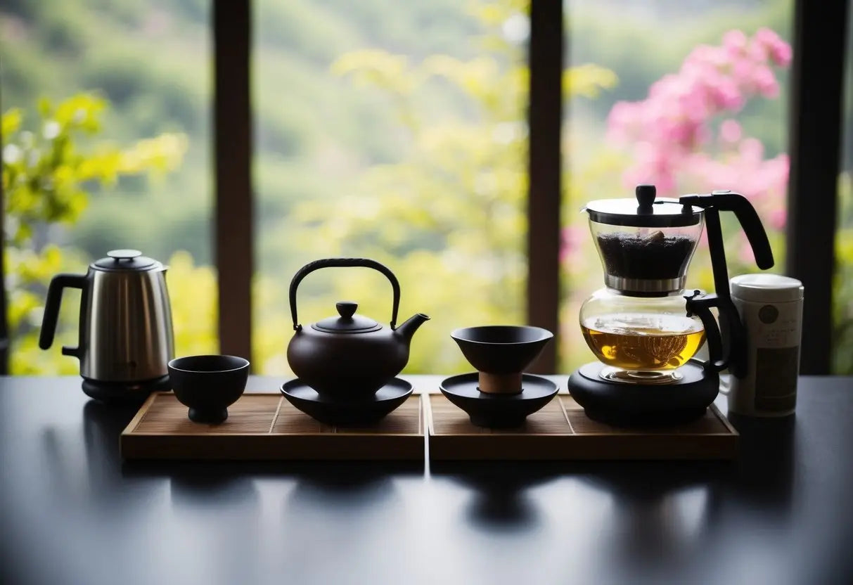 Tea brewing setup with traditional and modern tools for Pu Erh tea preparation