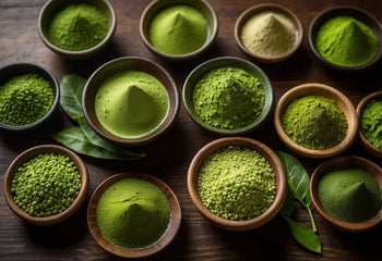 Assorted green powders in wooden bowls for Types of Matcha article