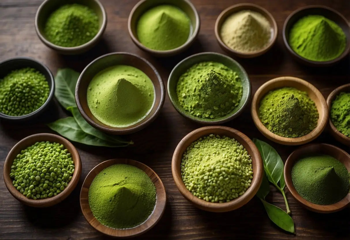 Assorted green powders in wooden bowls for Types of Matcha article