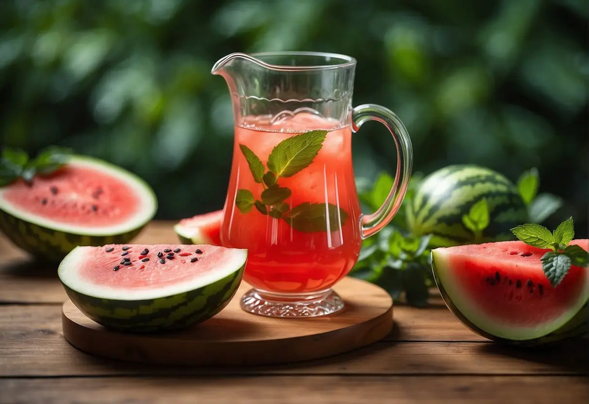 Watermelon juice in glass pitcher for Watermelon Tea article