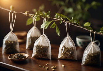 Hanging tea bags with string and tag in a close-up for the article What Are Tea Bags Made Of