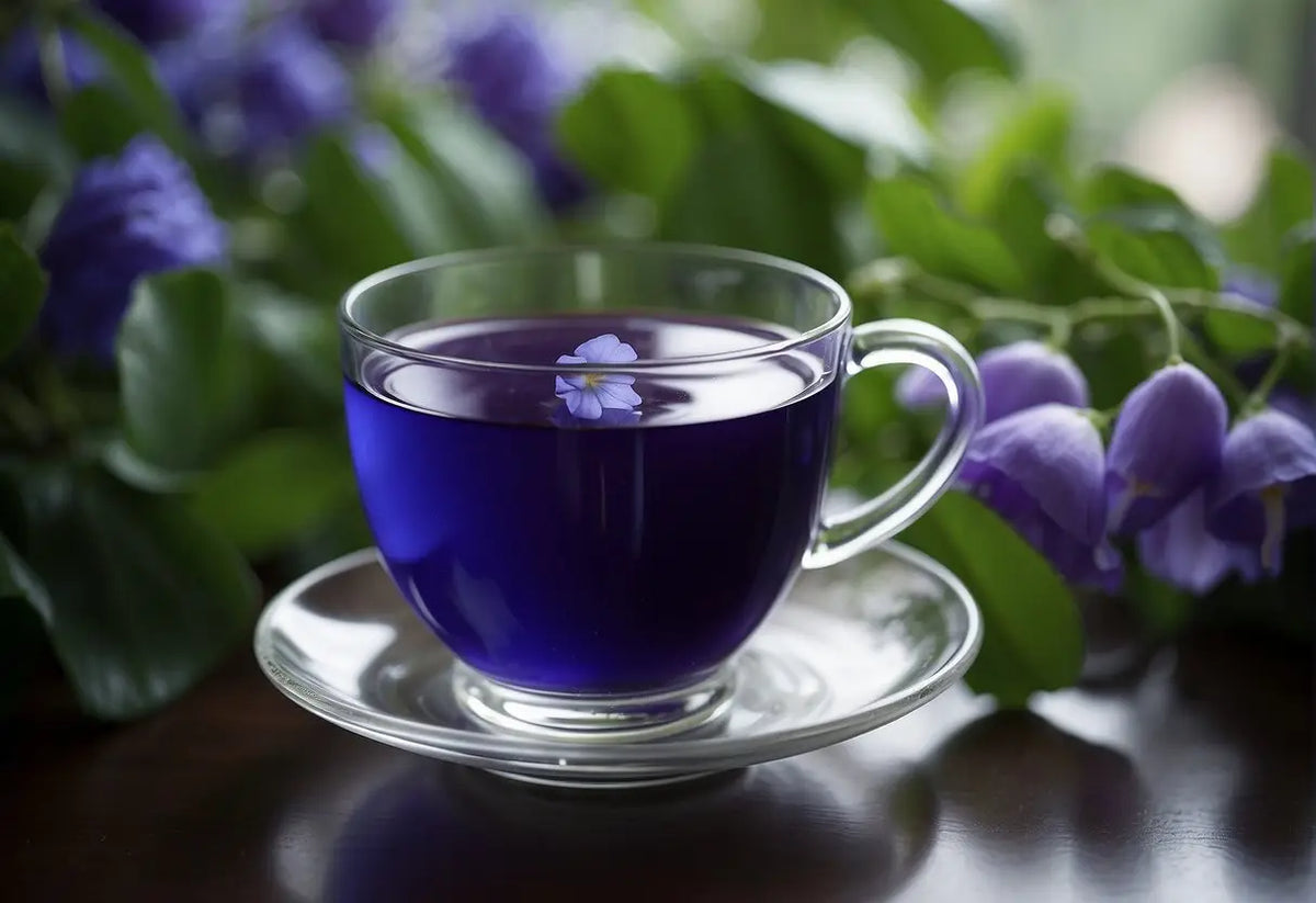 Blue butterfly pea tea in a glass cup showcasing vibrant color for What Does Butterfly Pea Tea Taste Like article