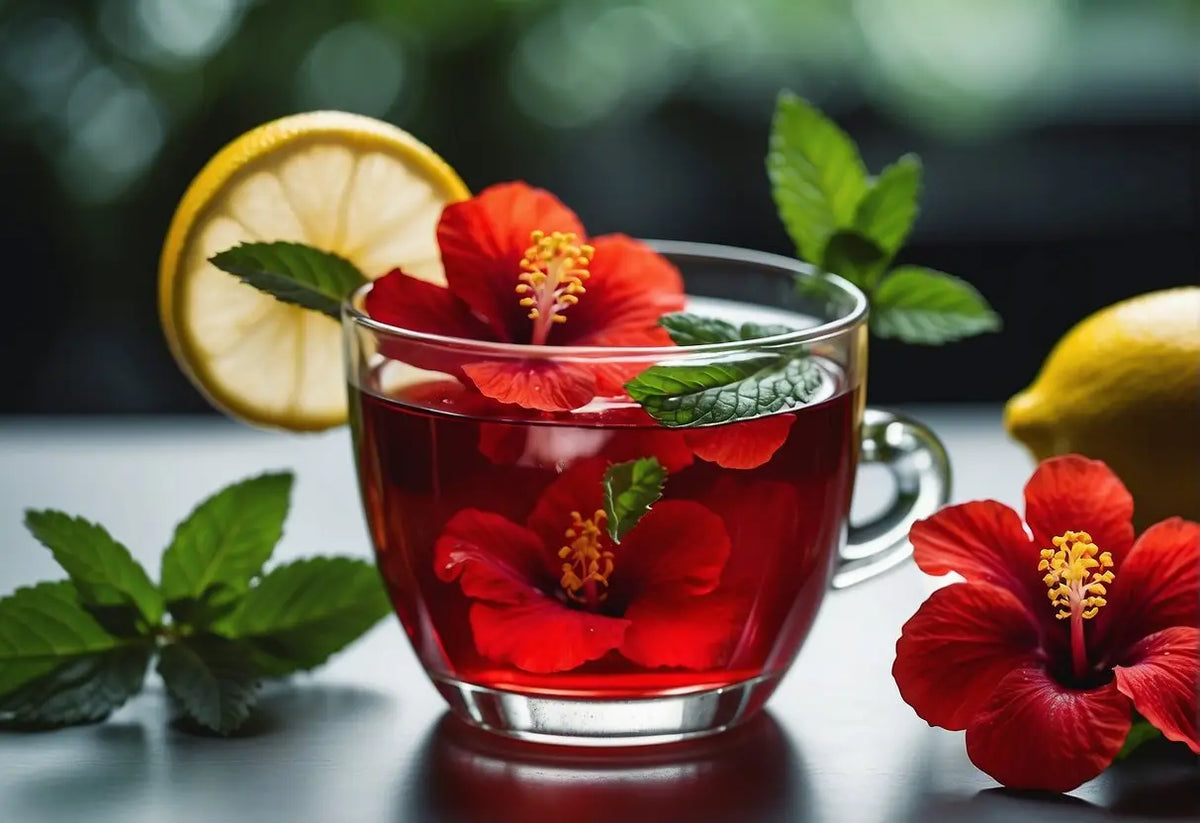 Hibiscus tea with lemon and mint in a glass pitcher for tasting notes article