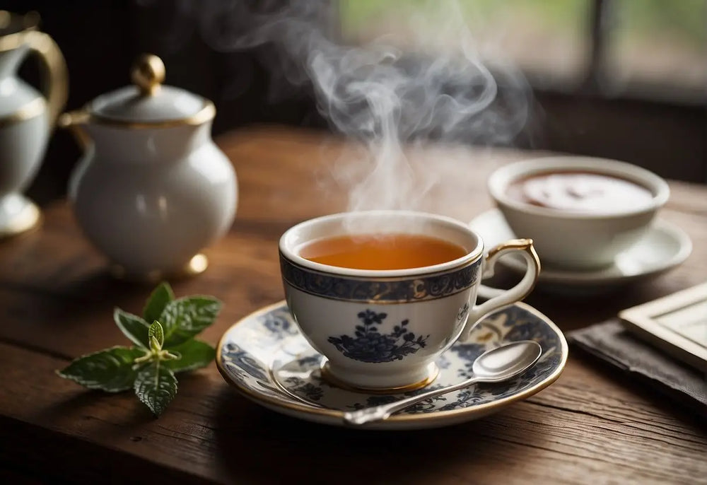 Steaming teacup with floral pattern for London Fog Tea taste article