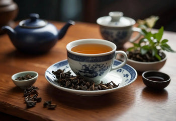 Blue and white teacup filled with tea for Pu Erh Tea Taste article