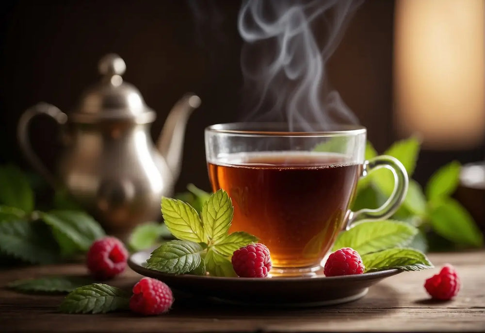 Steaming cup of Tea with Raspberries and Mint in an article about Raspberry Leaf Tea Taste