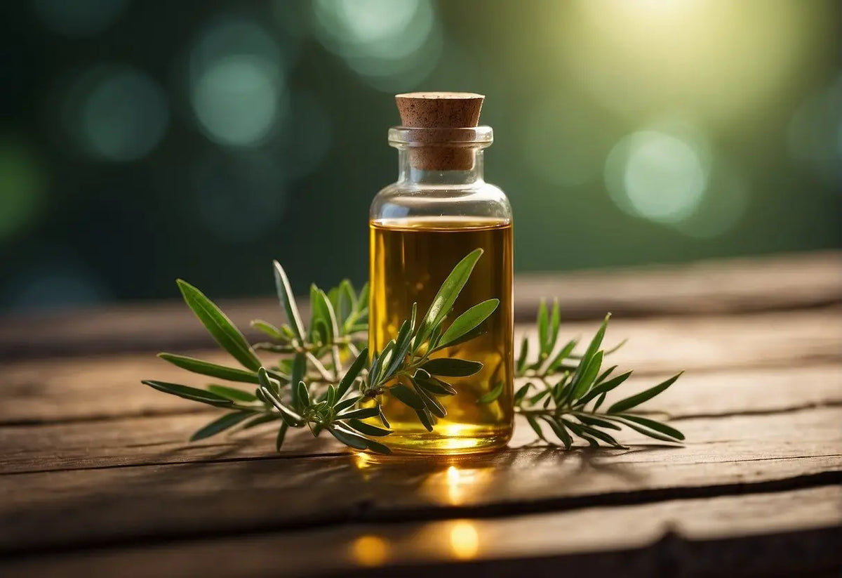 Golden tea tree oil bottle with cork stopper on a white background
