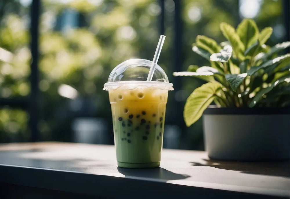 Layered bubble tea with straw in a glass for the What is Bubble Tea article