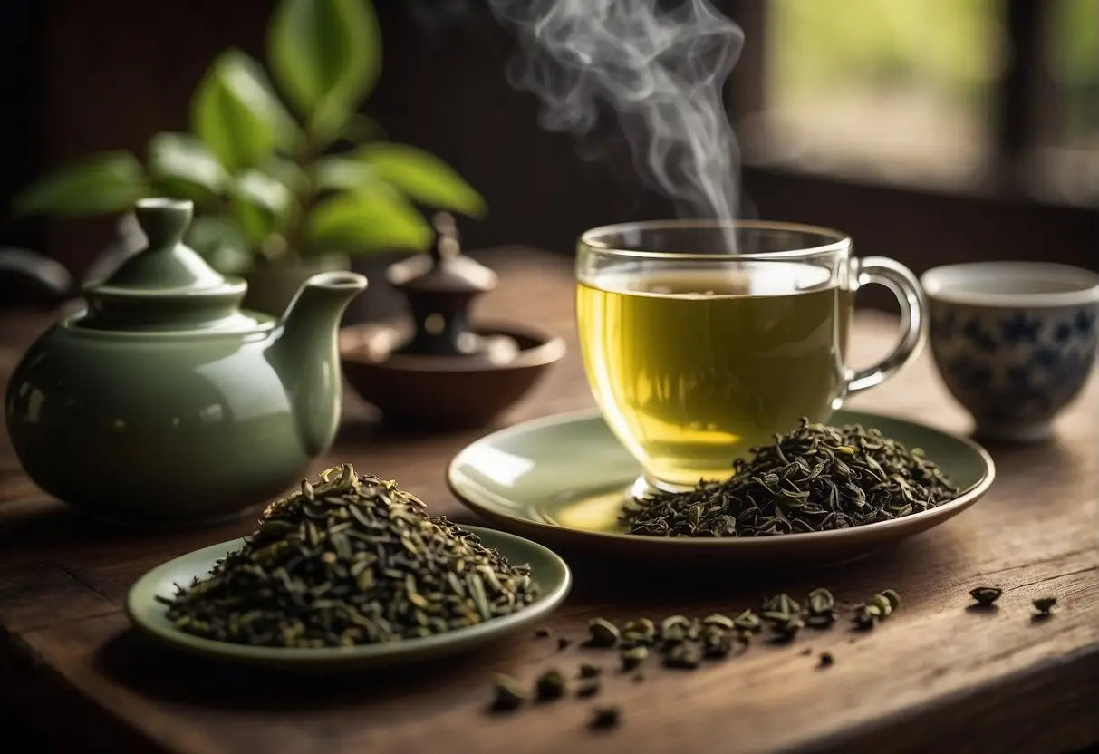 Steaming cup of green tea with loose green leaves for Gunpowder Green Tea article