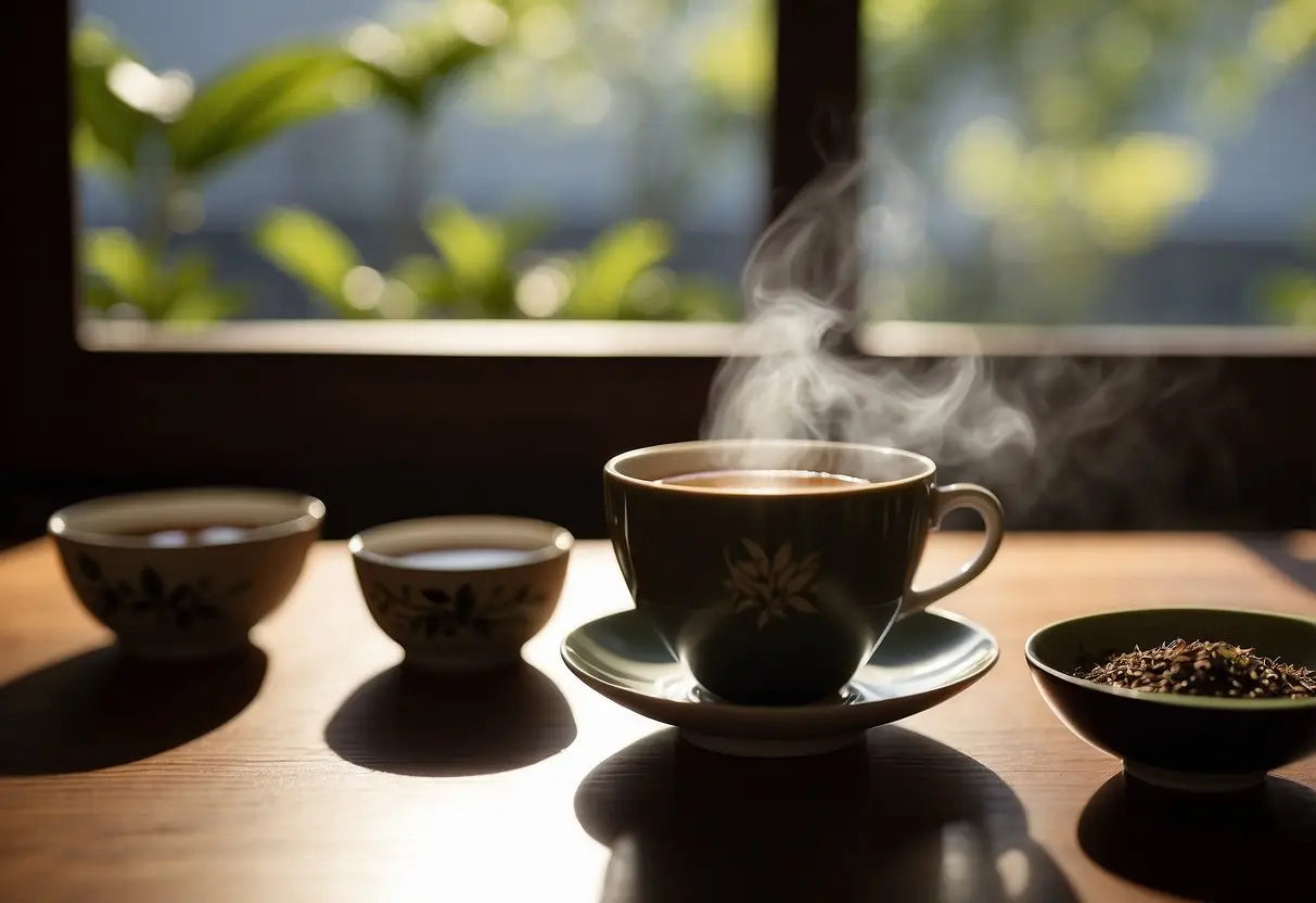 Steaming cup of Hojicha tea in a cozy setting for the article What Is Hojicha