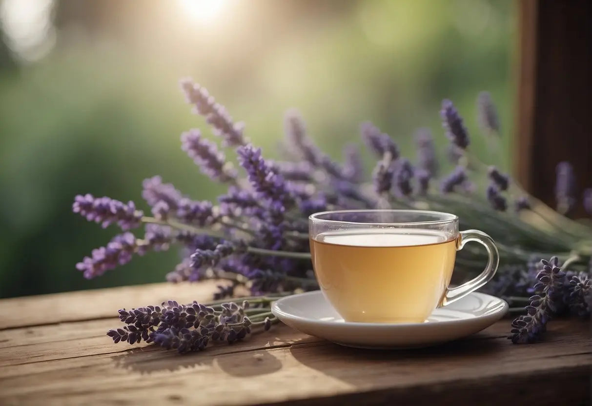 Clear teacup with saucer and lavender in an article about health benefits of Lavender Tea