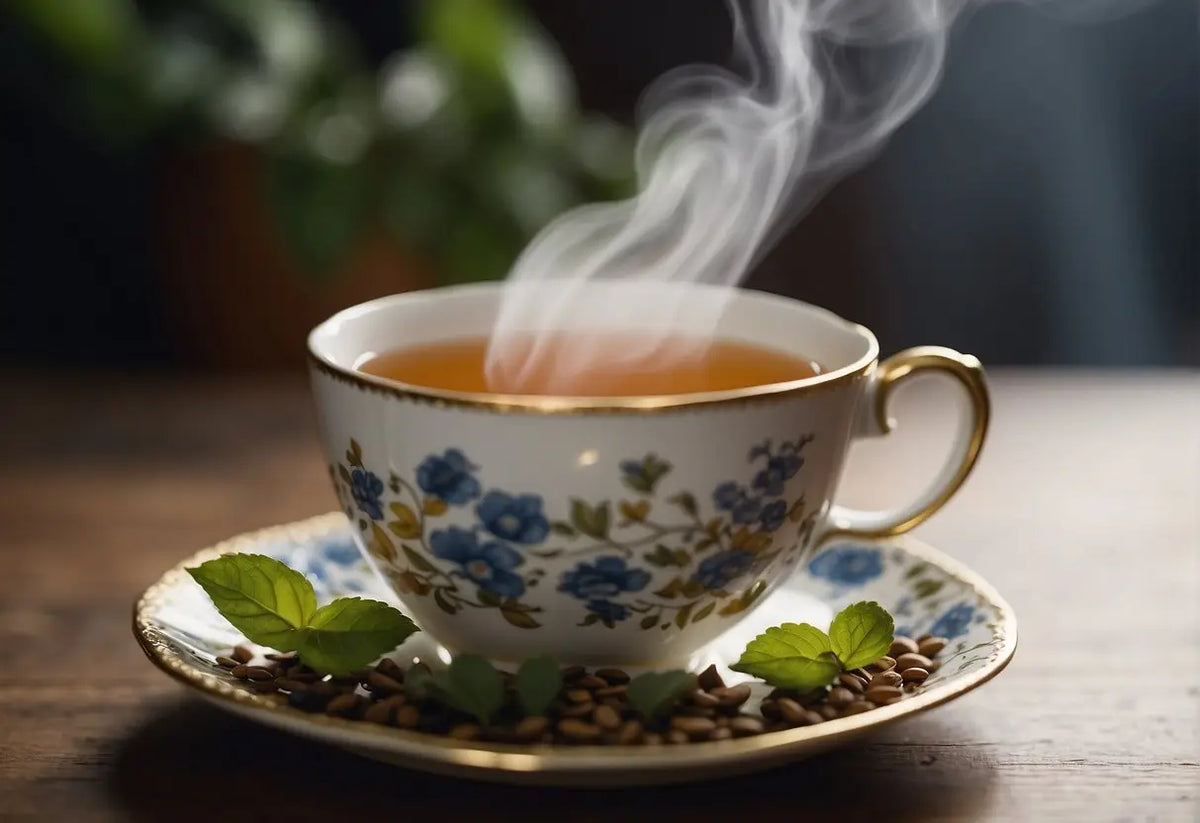 Steaming floral teacup symbolizing the relaxing experience of drinking Tea Drunk