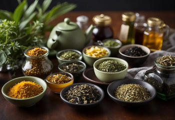 Assorted dried herbs and spices for tea preparation on a wooden surface