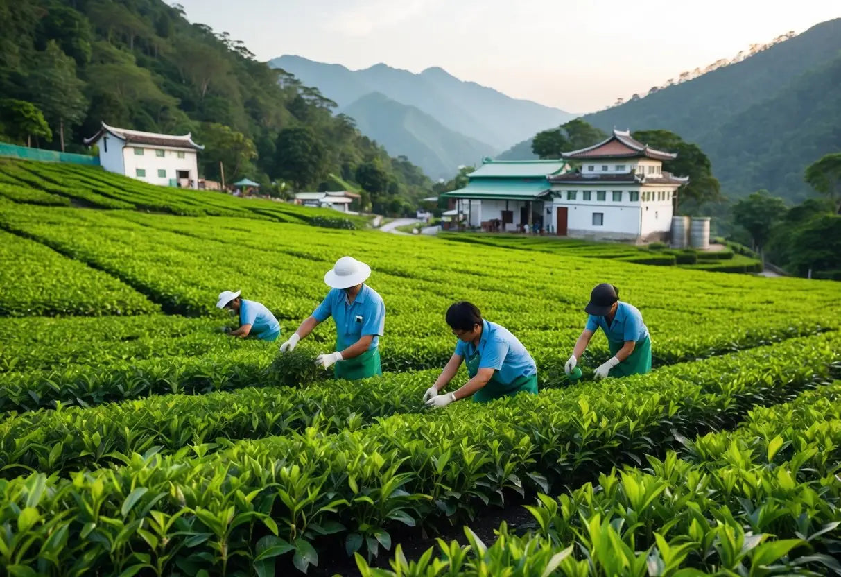 Lush Pu Erh tea plantation with workers harvesting tea leaves for premium quality tea