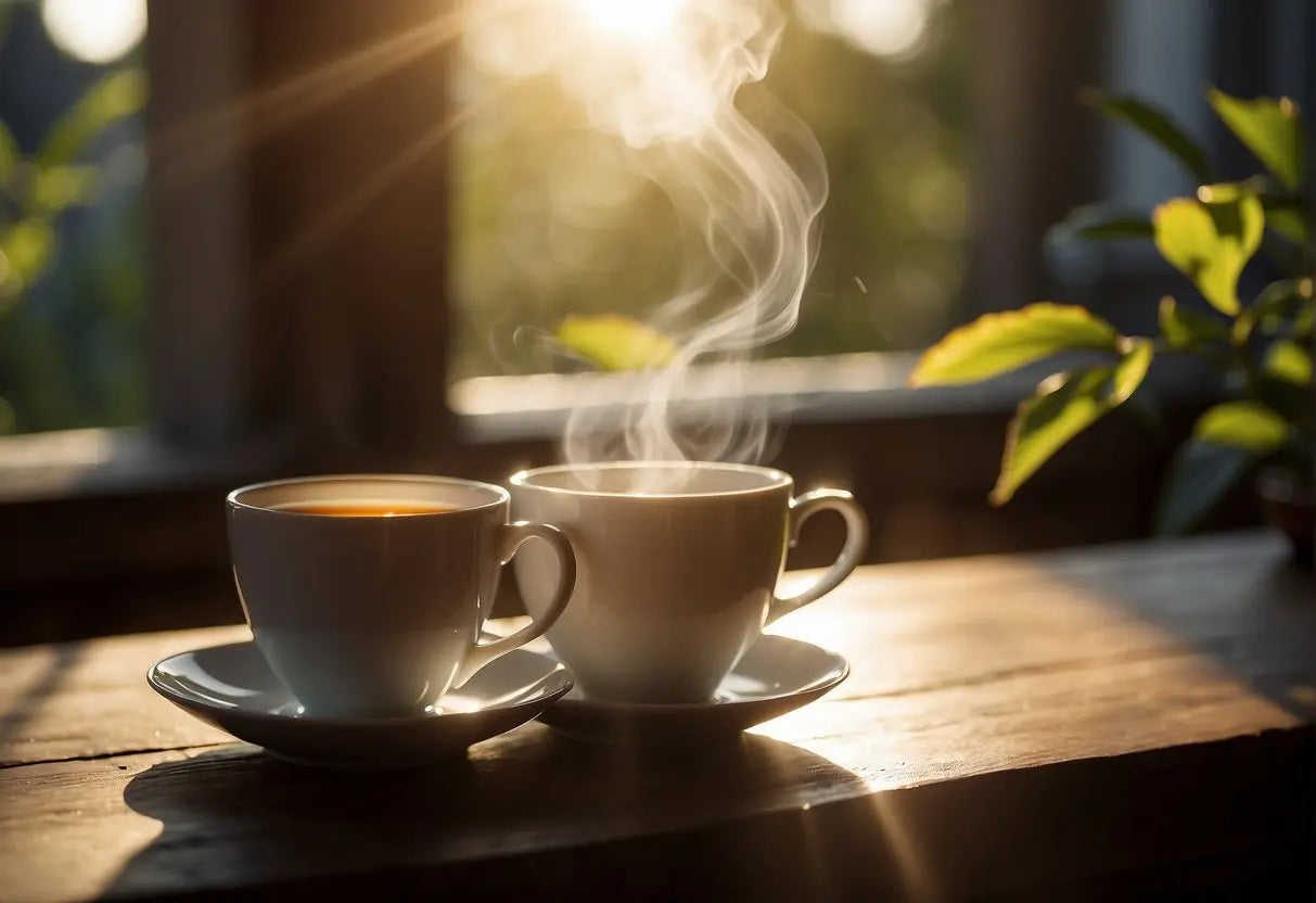 Two steaming coffee cups in an article about what tea gives you energy