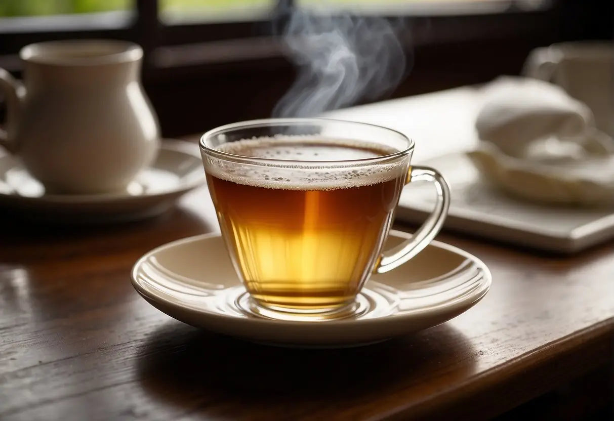 Steaming cup of tea in an article about caffeine-free teas