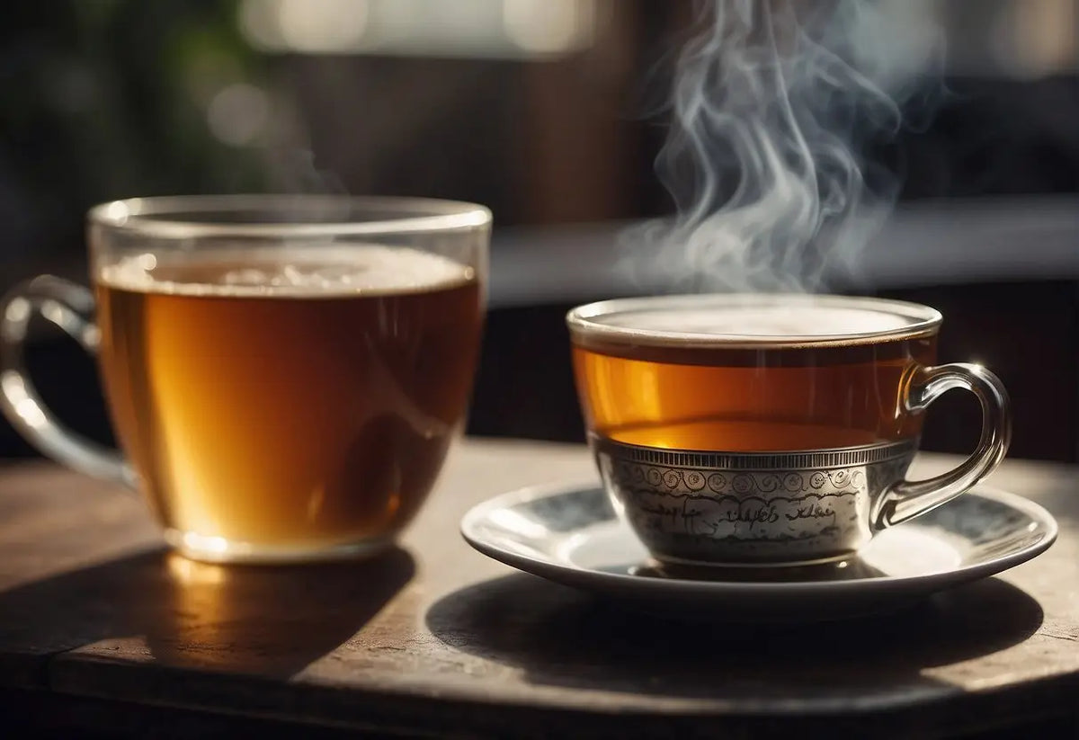 Two cups of tea on a table for a caffeine content article titled What Tea Has the Most Caffeine