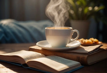 Steaming cup of tea on open books in article about best teas for period cramps
