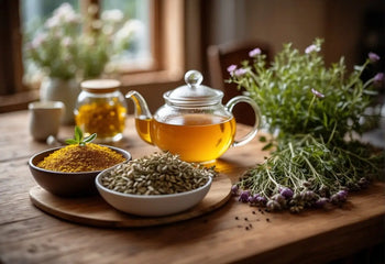 Glass teapot with herbal tea in an article about teas beneficial for allergies