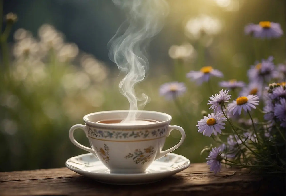 Steaming floral teacup symbolizing relaxation in an article about tea and anxiety relief