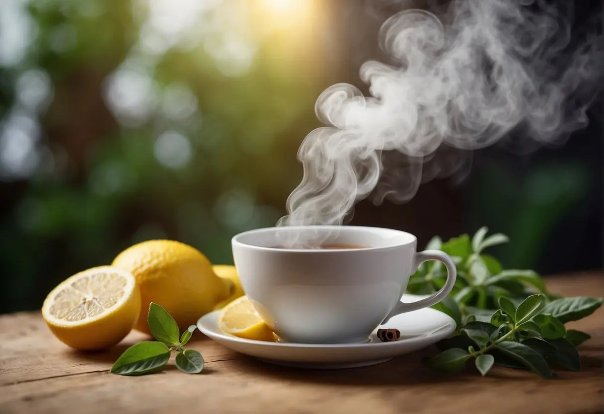 Steaming cup of tea with fresh lemons perfect for soothing a cough