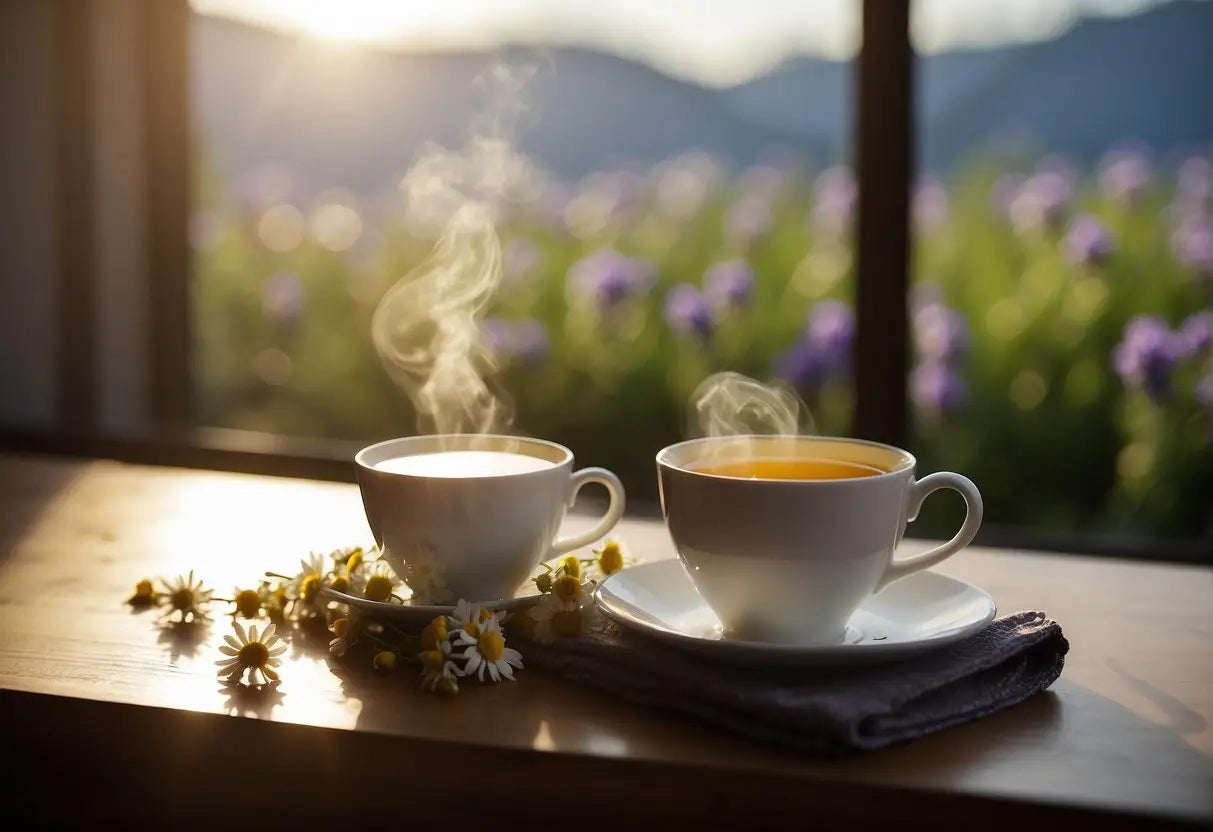Two steaming cups of tea on a table for headache relief in an article about beneficial teas