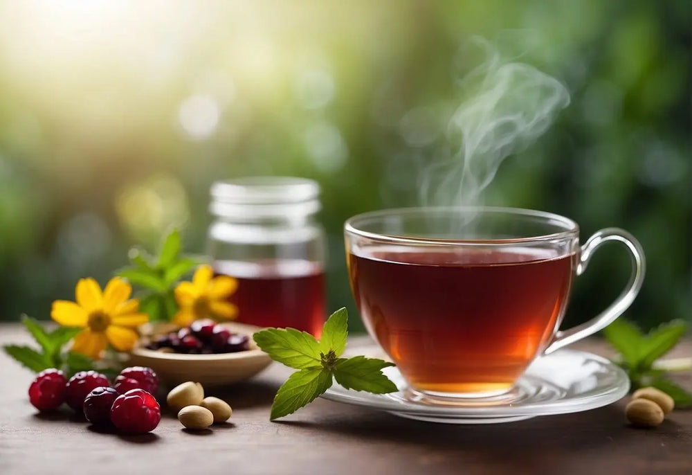 Steaming cup of herbal tea for UTI relief on a wooden table in natural light