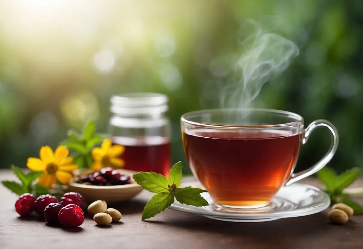 Steaming cup of herbal tea for UTI relief on a wooden table in natural light