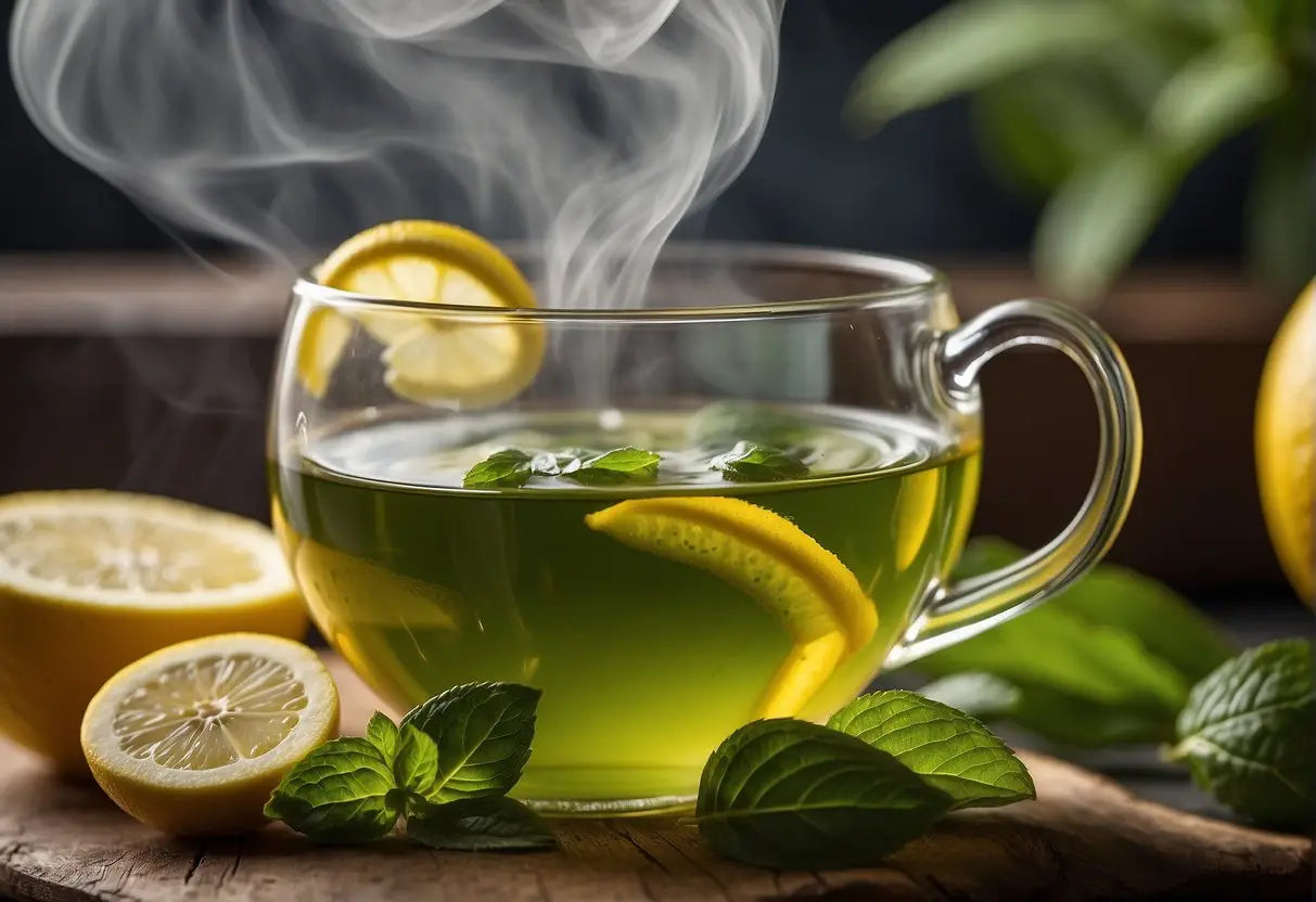 Steaming Lemon-Mint Tea in a glass cup for enhanced flavor and freshness