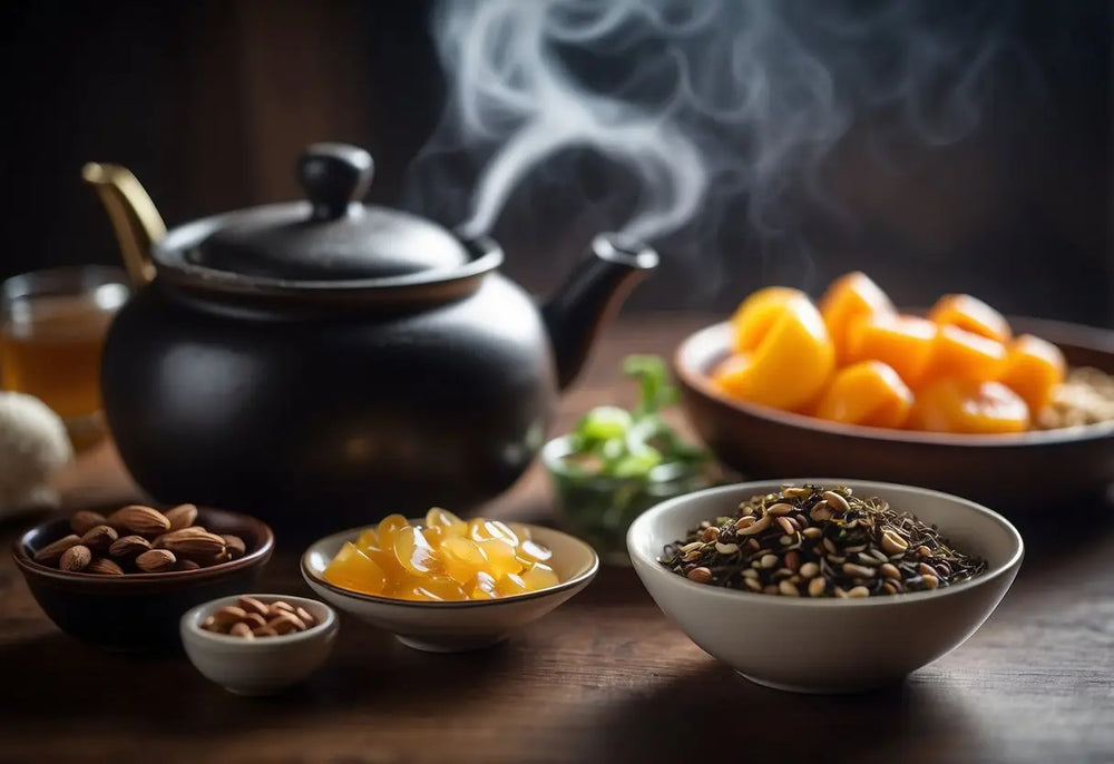 Steaming black teapot with golden spout in an article about What to Serve with Pu Erh Tea